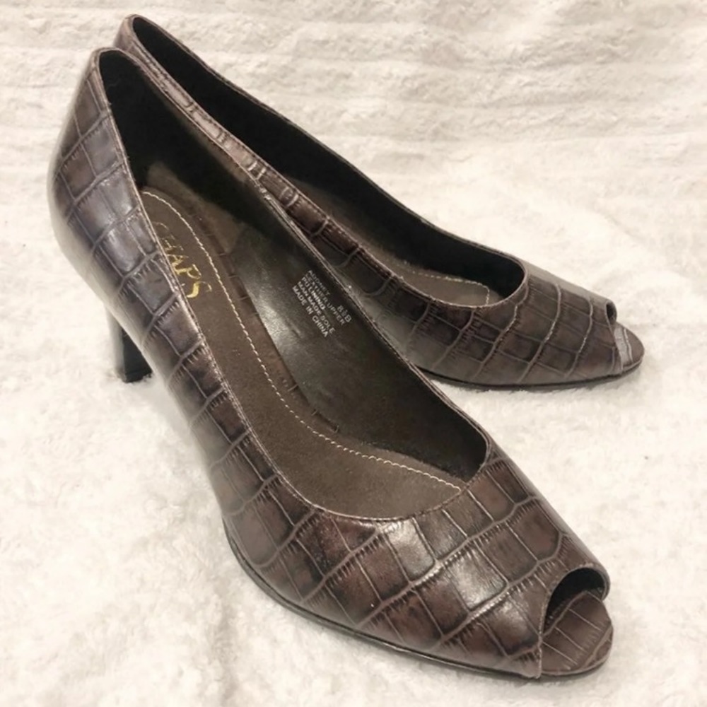 Chaps leather crocodile peep toe heels.